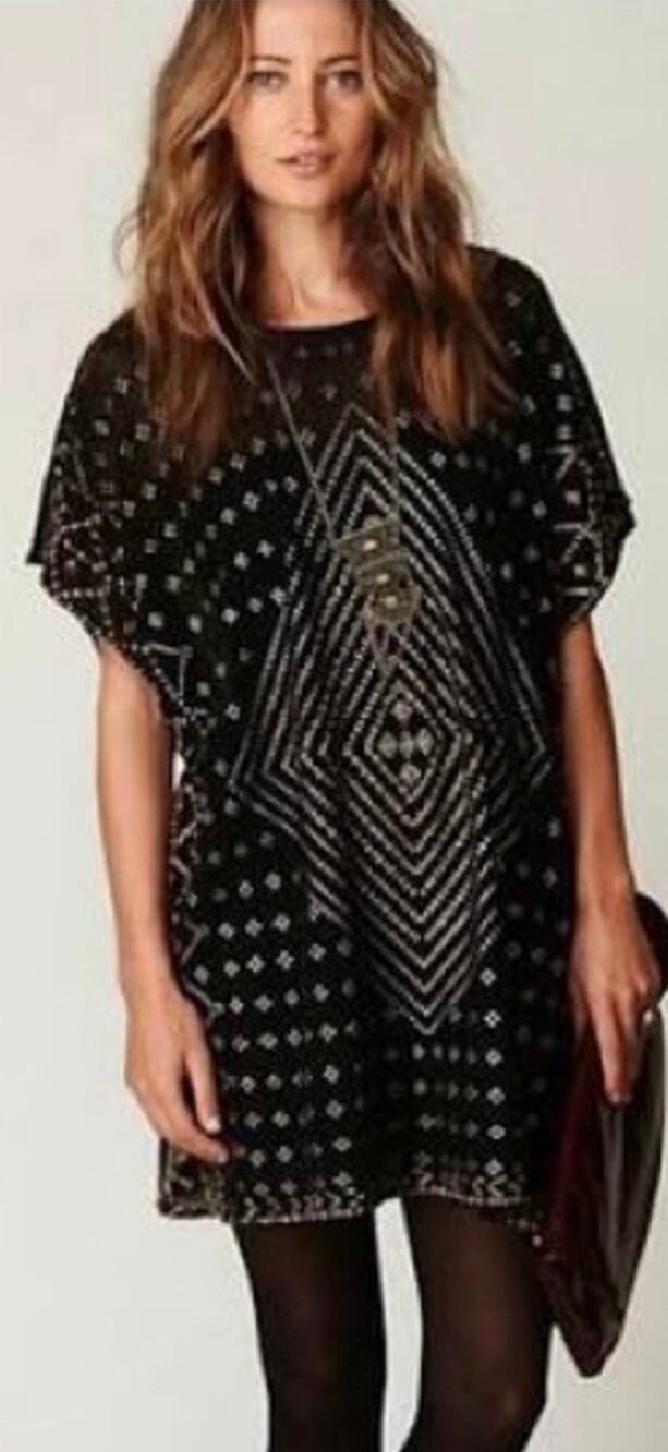 Free People New Romantics Poncho Tunic Dress Black Gold XS